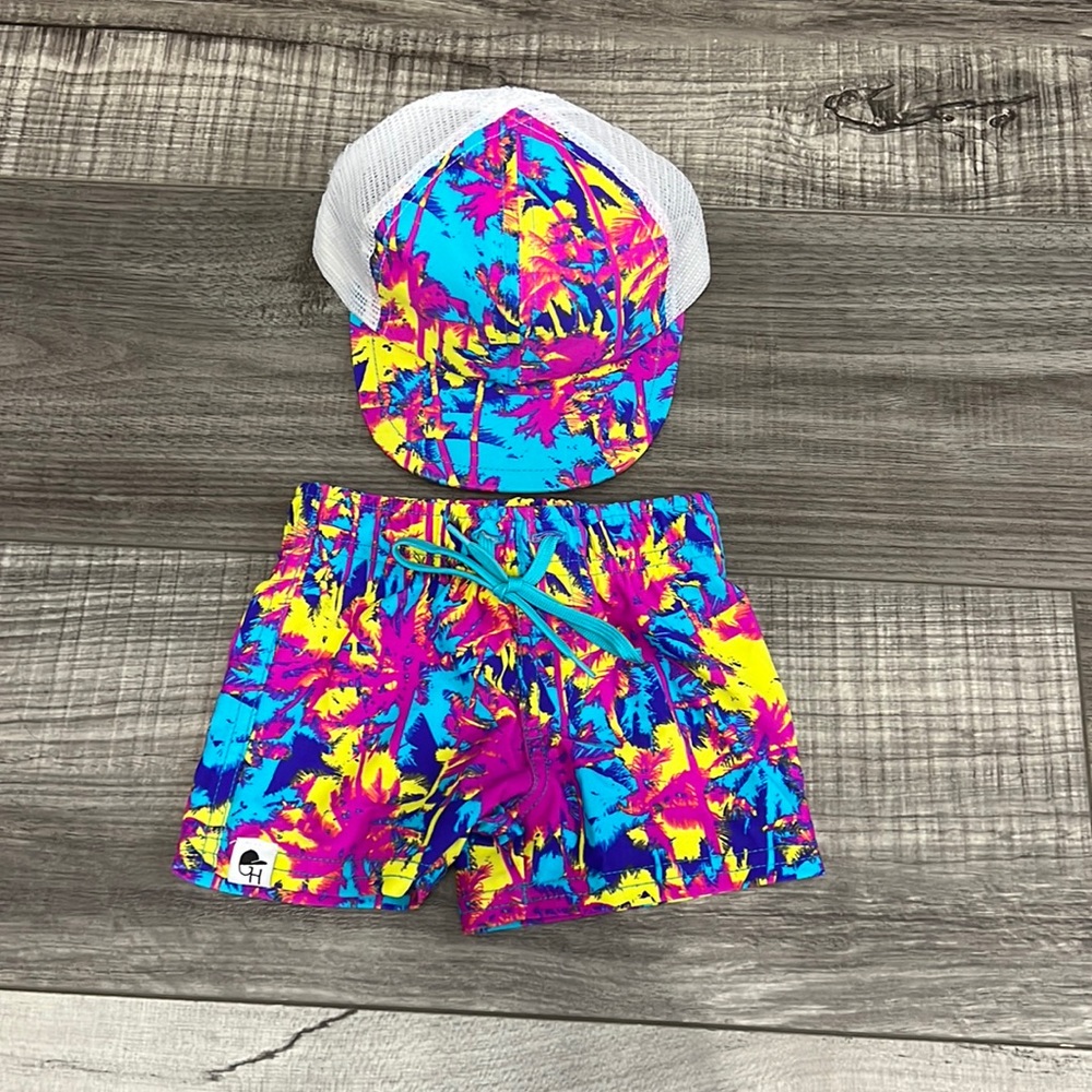 George Hats trucker and matching swim trunks. Hat 18-19” swim trunks 6-12.